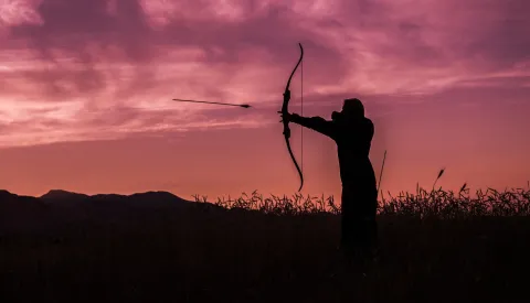 An archer aims and fires an arrow on a hillside at sunset.